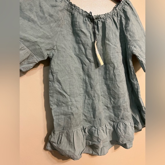 Terzo Millennio Women's Green Ruffle Top Off Shoulder Pure Linen Italy L NWT - Picture 3 of 10